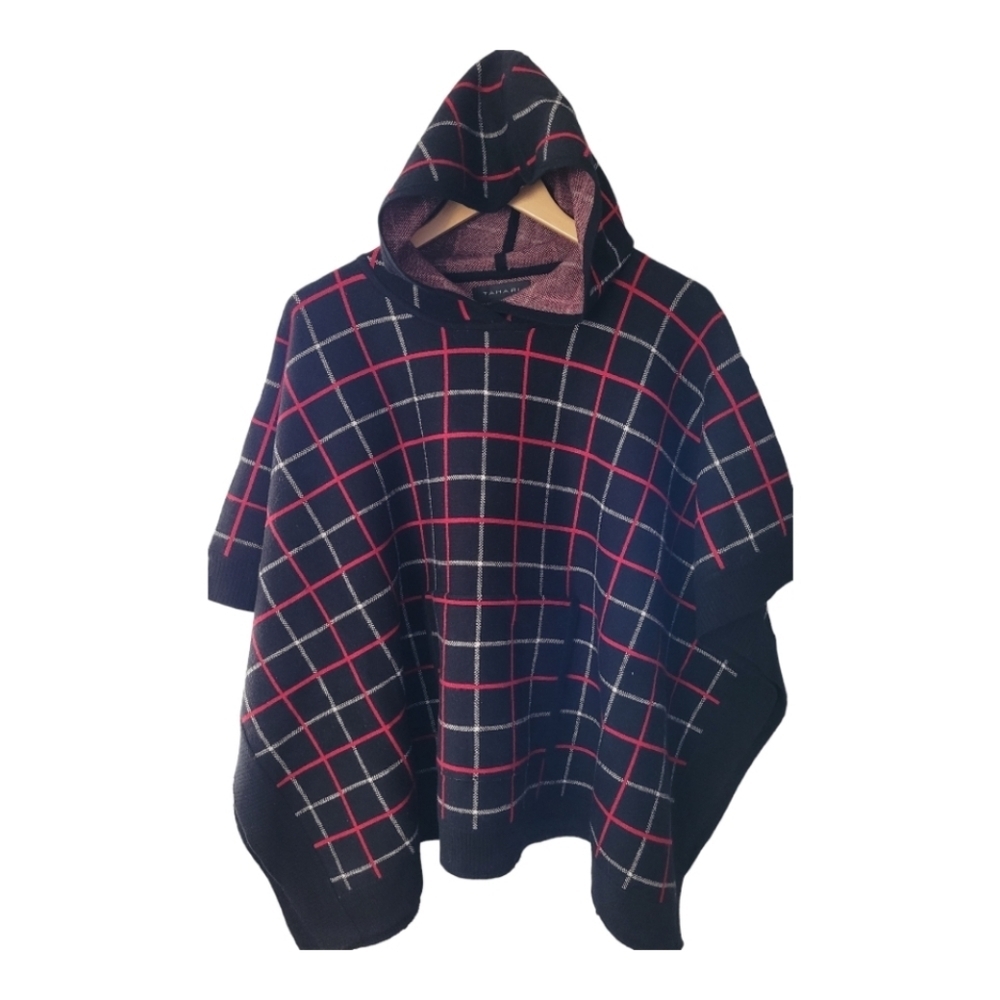 Tahari Black Red and White Window Pane Plaid Hooded Poncho Style Swtr One Size